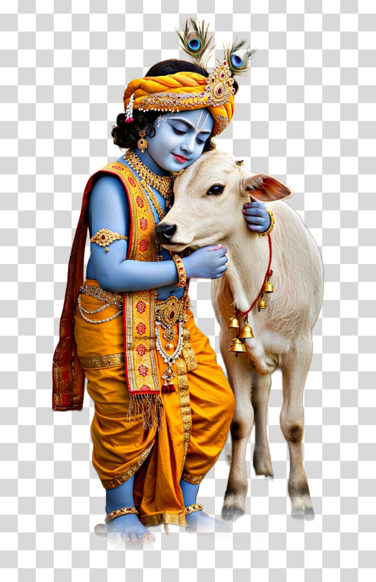 Baby Krishna with Calf PNG Transparent Background – Gopal Hugging Gau Mata PNG image 