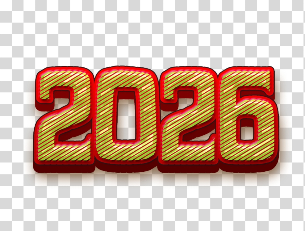 2026 PNG Image | 3D Red & Green Striped Text with Transparent Background