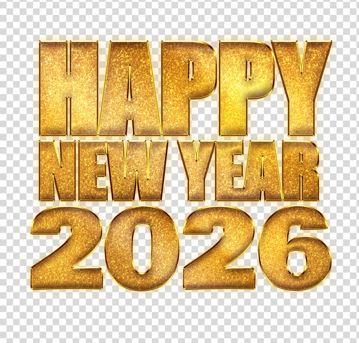 Happy New Year 2026 Gold Glitter 3D Text – Transparent PNG